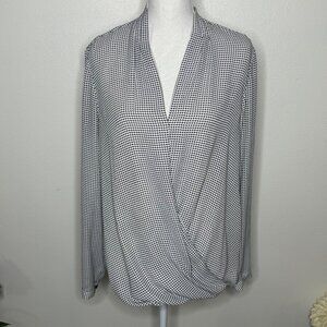 Adrianna Papell Plaid Faux Wrap Houndstooth Blouse Office Professional Siren - L